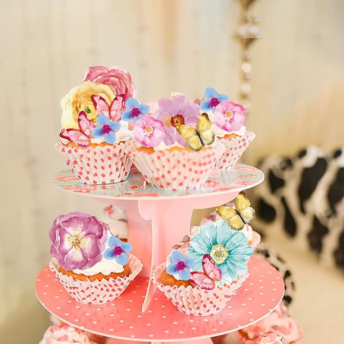 102Pcs Edible Flowers & Butterfly Cake Topper Cupcake Toppers Wafer Paper Wedding Themed Party Birthday Party Decoration Supplies Mixed Size & Colour