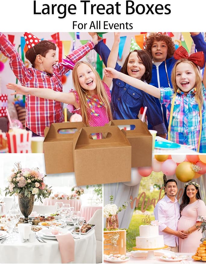 Happyhiram 50 Count Large Gift Boxes with Handles Kraft Brown, 9x6x6 Gable Gift Boxes Party Favor Boxes Barn Style Carry Out Box Recyclable Lunch Boxes Paper for Food Kids Birthday Baby Shower