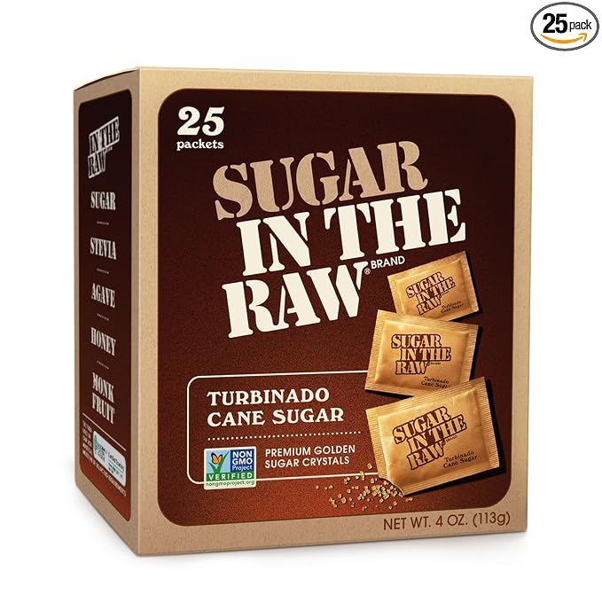 Sugar In The Raw Turbinado Cane Sugar Packets, 25 Ct, Pure, All-Natural Turbinado Sugar, Non-GMO Project Verified, Kosher, Vegan and Gluten Free