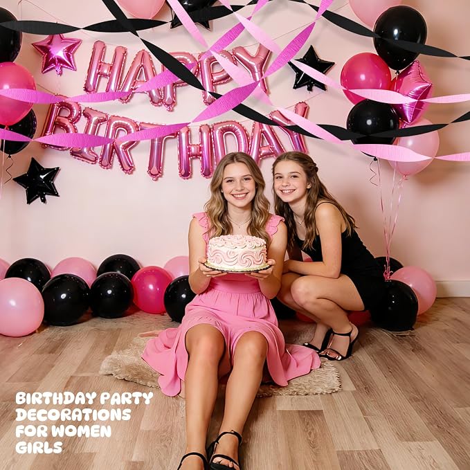 AOYOO Crepe Paper Streamers, 6 Rolls Light Pink Hot Pink and Black Party Streamers, Chic Pink and Black Party Decorations for Girls Birthday, Bachelorette, Sweet 16 and Y2K Party Supplies