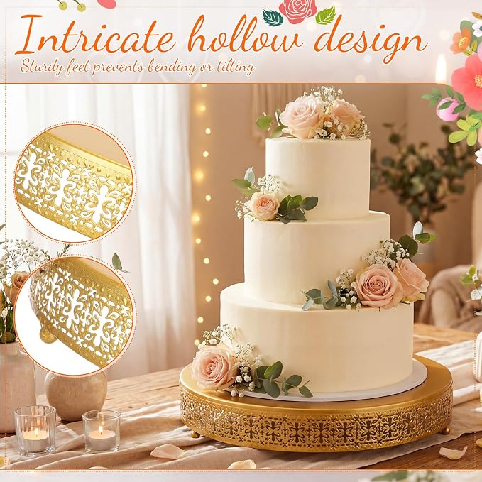 Wenqik 2 Pack Cake Stand Set, 14/16 Inch Metal Round Cupcake Dessert Stand Decorative Elegant Cake Display for Weddings Party Birthday Baby Showers Anniversary(Ornate Floral,Gold)