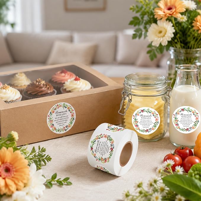 PANTIDE 500 Count Watercolor Flower Cottage Food Law Labels Sticker | Homemade with Love, Adhesive Round Decal Roll, Made in A Home Kitchen Inspection Statement, for Food Packaging, 2 x 2 Inch
