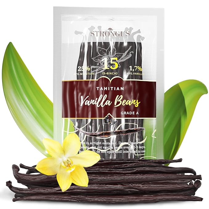 Strongus Large Tahitian Vanilla Beans - Vacuum Sealed Grade A Vanilla Bean - Rich, Creamy Flavor & Aroma - Ingredients for Baking, Homemade Extract, Paste, Brewing, Coffee, Cooking - 5-6", 15-Pack