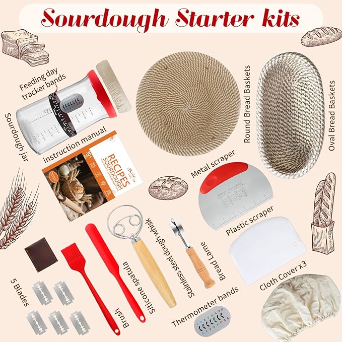 Sourdough Starter Kit,Gift for Bakers Sourdough Bread Baking Supplies,34oz Starter Jar, 2 Cotton Rope Proofing Baskets & More for Sourdough Starter Bread Making Baking Fermentation