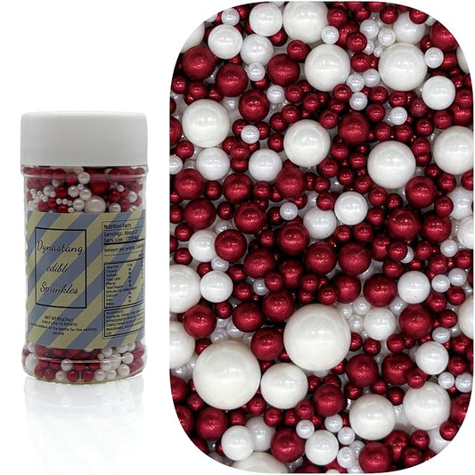Dynastang Mixed Size Red & White Pearls Sprinkles Edible Pearls Cake Decorating Pearls Cake Decorations Cupcake Toppers Cookie Decorating Perfect for Cakes, Cupcakes, Desserts Toppings 3OZ