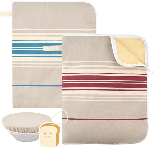 2 Pack XL Beeswax Bread Bags for Sourdough, Organic Beeswax Linen Cotton Bread Storage Bags with Bowl Cover & Cleaning Sponge Set, Fresh Bread Freezer Bags with Sealing Zip for Homesteading