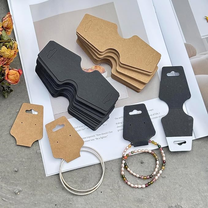 200PCS Bracelet Display Cards Necklace Holder Cards Self Adhesive Jewelry Packaging Selling Card for Small Business (Black with two earring holes, 1.8x4.7 inches)