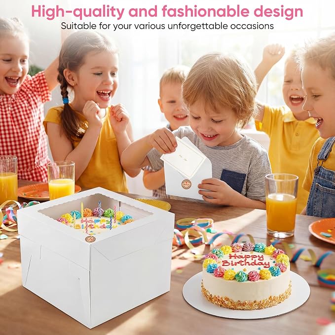 2 Pack 10 x 10 x 8 in Cake Boxes with Window & Cake Boards — Disposable Cake Carrier Boxes with Lid, Includes Stickers, Envelopes, Greeting Cards & Ribbon — Bakery Boxes for Cakes & Cupcakes