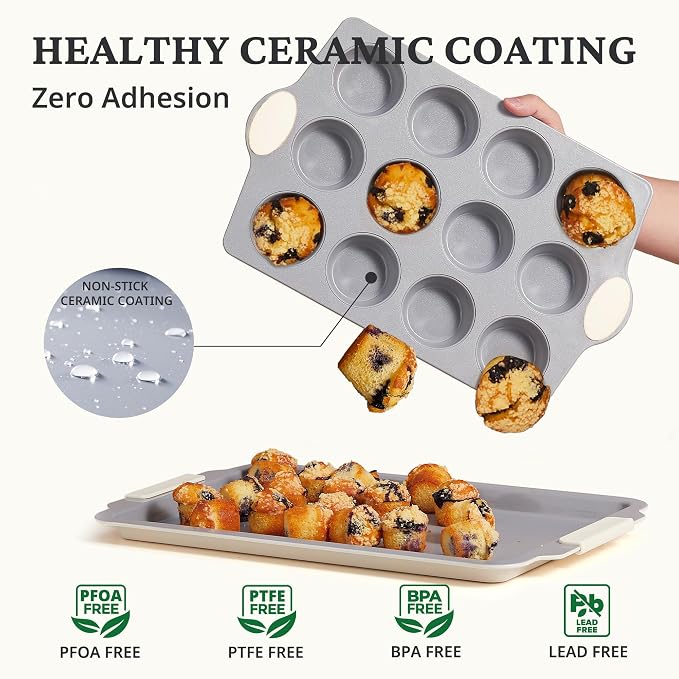 BRONYPRO 2-Pack 12 Cup and Mini 24 Cup Non Toxic Nonstick Ceramic Muffin Pan & Cupcake Tin, PFOA & PTFE Free, Heavy Duty Rust-Resistant Aluminized Steel, Oven & Dishwasher Safe, Cream White