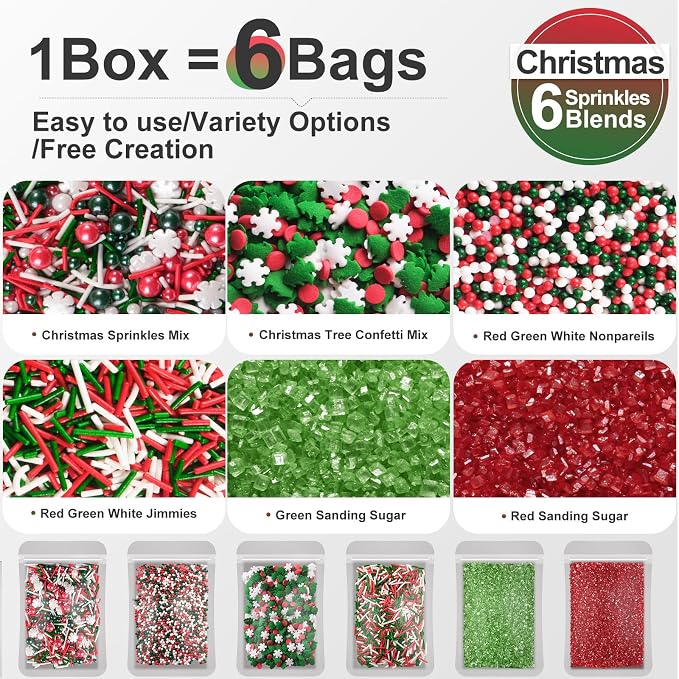 HUEBEATY 6-in-1 Christmas Red and Green Sprinkles for Cookies Baking - 180g Nonpareils, Jimmies, Christmas Tree & Sugar Sprinkles, Holiday Santa Sprinkles Bulk for Cakes, Cupcakes, Hot Chocolate Decorating