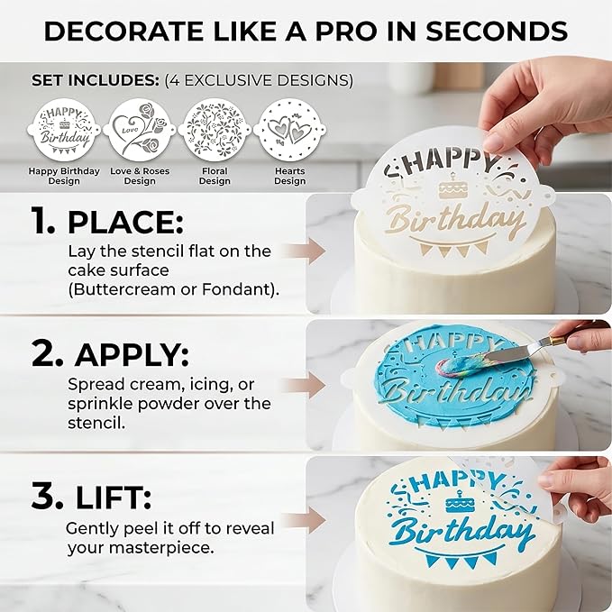 Cake Stencils Set 4 Templates - Happy Birthday, Love, Hearts, Floral - Reusable Laser-Cut for Fondant Buttercream Painting, Baking & DIY Decor (Art Deco) (4 Styles)
