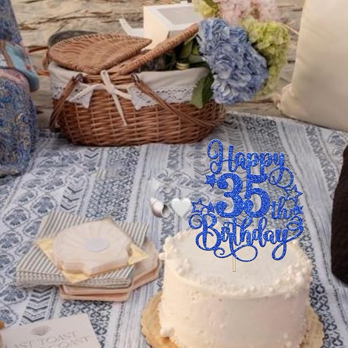 1 PCS Happy 35th Birthday Cake Topper Glitter Cheers to 35 Years Birthday Cake Pick Hello 35 Fabulous Cake Decoration for Happy 35th Birthday Anniversary Party Decorations Supplies Blue