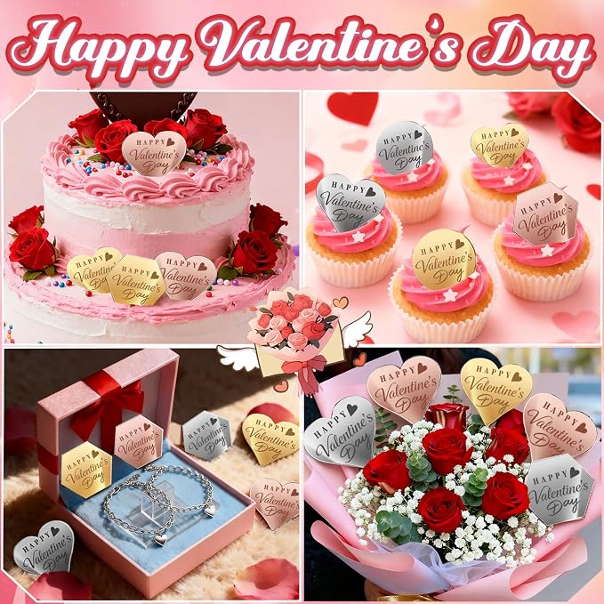 45PCS Happy Valentine's Day Cake Toppers, Mirror Acrylic Cupcake Toppers 3 Multi-shape & 3 Different Color Custom Cupcake Picks for Valentine Party Anniversary Pastries Decorations