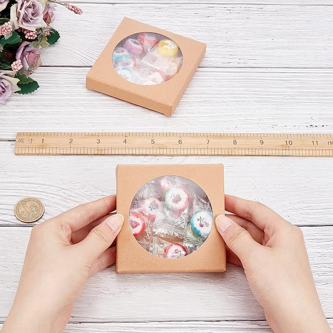 BENECREAT 24 Pack Brown Kraft Paper Boxes with Clear Window 3.5x3.5x0.6" Paper Gift Packaging Boxes for Wedding Party Candy Cookies Favor Treat