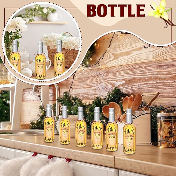 Tioncy 16 Pcs Empty Vanilla Extract Bottles for Homemade Vanilla Jar Glass Bottle with Cap, Shrink Band, Sticker DIY Crafts Wedding Gift Food Storage Canister for Bean(Silver,8.5 oz)