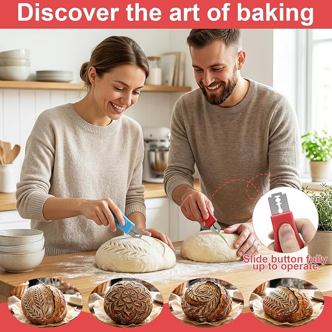 2 Pack Bread Lame Dough Scoring Tool Set, Professional Sourdough Scoring Tool & Bread Scorer with 10 Razor Blades, Finger Protectors Bread Razor for Artisan Baking Red/Blue