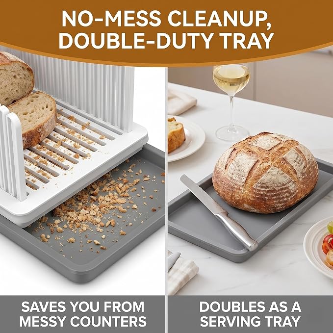 Bread Slicer for Homemade Bread, Adjustable Bread Slicing Guide with Crumb Tray, Foldable Compact Loaf Cutter for Even Slices, Ideal for Sourdough, Bagels, and Cakes, Space-Saving Design