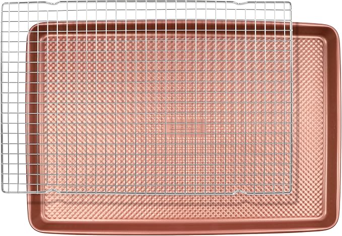 David Burke 17x11 Cookie Sheet with Chrome Cooling Rack – Carbon Steel, PFTE & PFOA Free, Oven Safe, Non-Toxic, Perfect for Baking and Roasting – Rose Gold