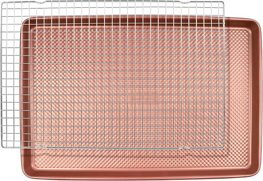 David Burke 17x11 Cookie Sheet with Chrome Cooling Rack – Carbon Steel, PFTE & PFOA Free, Oven Safe, Non-Toxic, Perfect for Baking and Roasting – Rose Gold