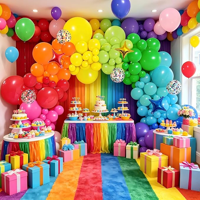 PERPAOL 146pcs Rainbow Balloon Arch Kit, 12 Assorted Multicolor Balloons for Birthday Party, Anniversary, Festival, Carnival Circus Decoration with Star Foil Confetti Balloons