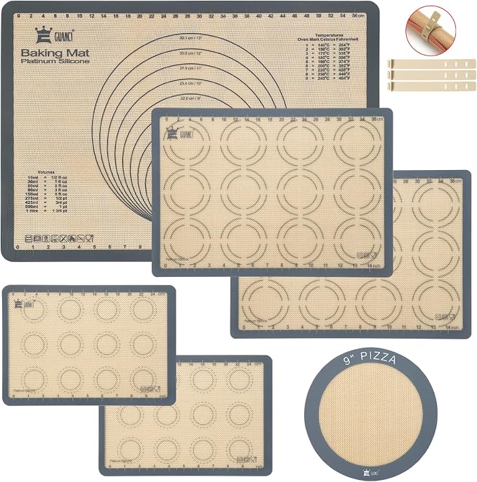 GUANCI Silicone Baking Mat Set of 6, Includes 25"x17.5" Large, 2 Medium 16.5"x11.6", 2 Small 11.75"x8.25", 9" Round, All Mats 0.70mm Thick, Non-Stick Reusable Baking Mats for Pizza, Cookie, Bread