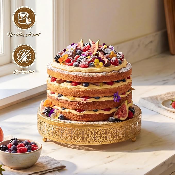 Wenqik Gold Cake Stand 12 Inch Metal Round Wedding Cake Stand with Cutting & Spatula Cupcake Dessert Cookies Display Holder Fruit Serving Tray for Wedding Birthday Anniversary Party