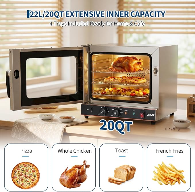 Garvee Commercial Convection Oven Countertop, 22L/20Qt, 1440W Toaster, 3-Tier Electric Oven w/Front Glass Door, Trays Wire Racks Clip Gloves, 120V