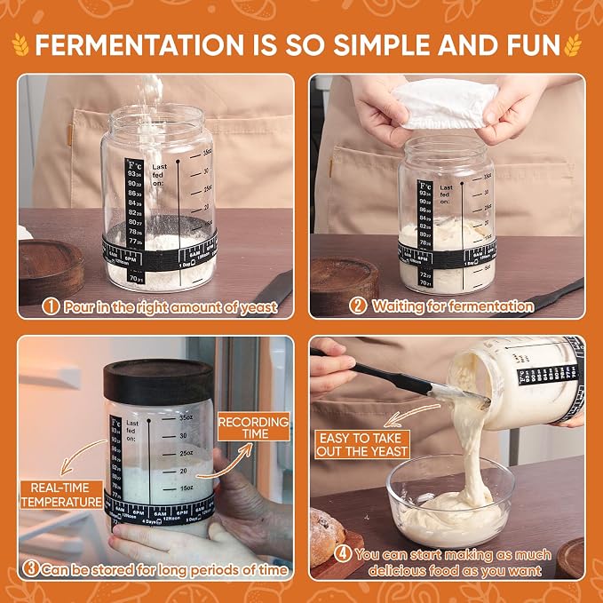 77L Sourdough Starter Jar, 35 oz Sourdough Starter Kit with Date Marker Feeding Band, Thermometer, Food-Grade Scraper, Cloth Cover and Acacia Wood Lid, Sourdough Bread Baking Supplies 2 Pack