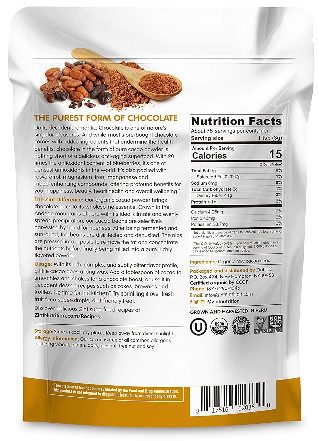 Zint Organic Cacao Powder (8 oz): Organic, Non GMO, Anti Aging Antioxidant Superfood, Gluten Free Cocoa Cacao Beans, Pure Delicious Chocolate Essence