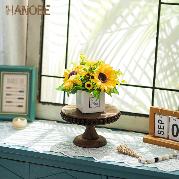 Hanobe Small Wood Cake Stand: Cupcake Pedestal Stand 8 inch Dessert Display Riser Distressed Rustic Round Cakes Holder Tray Vintage Beads Wooden Plate for Wedding Birthday Decor