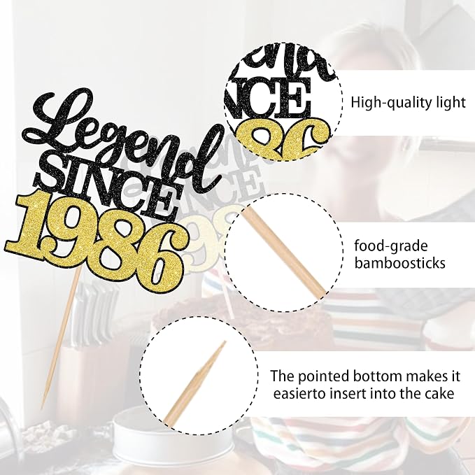 1 PCS Legend Since 1986 Cake Topper Black Gold Glitter Forty Happy 40th Birthday Cake Pick Cheers to 40 Years Cake Decoration for 40th Birthday Wedding Anniversary Party Decorations Supplies