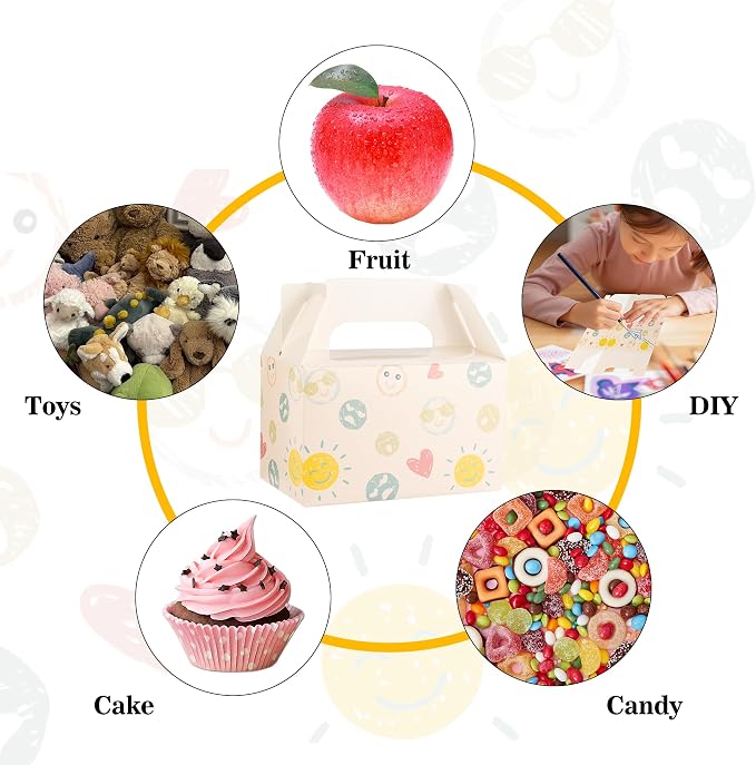 10 PCS White Gable Favor Treat Boxes, 6.5 x 4 x 4 Inches Gift Box with Handle, Cute Goodie Boxes for Sweets, Candy, Cookie, Kids Birthday Party, Baby Shower, Wedding, Back to School, Smile Face