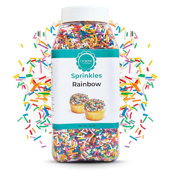 O’Creme Rainbow Sprinkles – 25oz for Cake Decorating – Kosher Pastel Sprinkles for Cupcakes, Cookies, Cakes, Ice Cream – Easy-Pour Jar