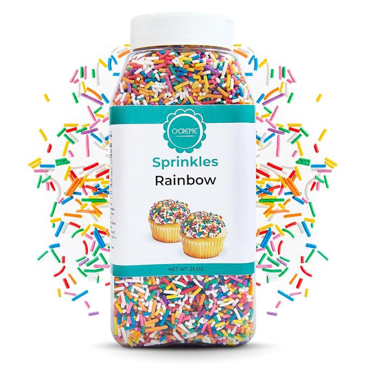 O’Creme Rainbow Sprinkles – 25oz for Cake Decorating – Kosher Pastel Sprinkles for Cupcakes, Cookies, Cakes, Ice Cream – Easy-Pour Jar