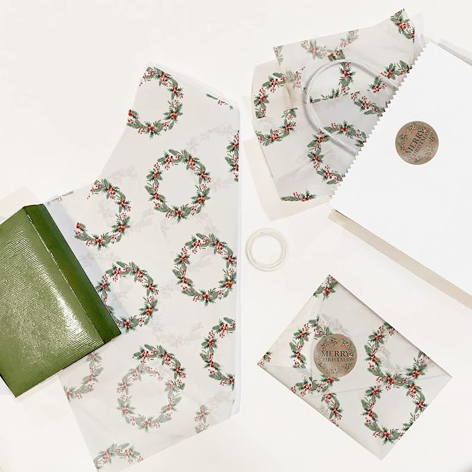 1.5 Inch Round 500 Count Christmas Wreath Perforated Roll Stickers - Thank You Labels for Favors - Packing Thank You Stickers for Small Business Store Owners