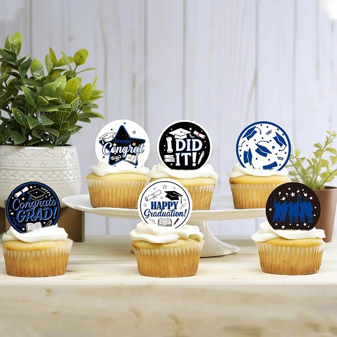 63 PCS Edible 2026 Graduation Cupcake Toppers Diploma Congrats Grad Cap Cupcake Picks Edible I Did it Cake Decorations for Class of 2026 Graduation Theme Party Decorations Supplies Dark Blue