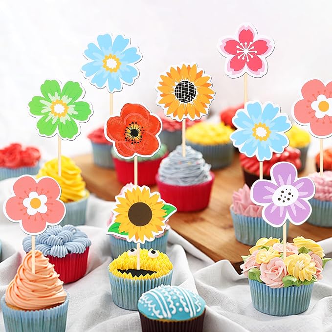 40 PCS Summer Flowers Cupcake Toppers Double Sided Colorful Sunflower Cupcake Picks Daisy Flower Cake Decorations for Summer Haiwaii Theme Baby Shower Wedding Birthday Party Supplies