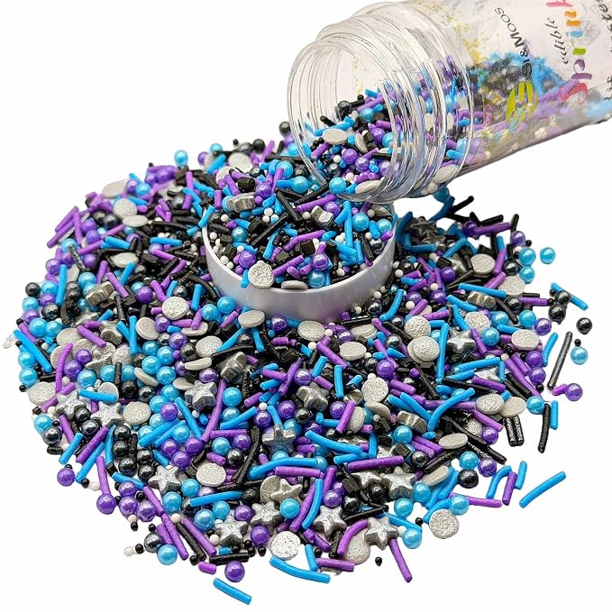 SE Si&Moos Galaxy Sprinkles 3 OZ Black Blue and Purple Edible Pearls for Cake Decorating Blue and Purple Edible Pearls and Sequins Space Sprinkles Mix for Baby Shower Halloween Christmas Cookie Decorations