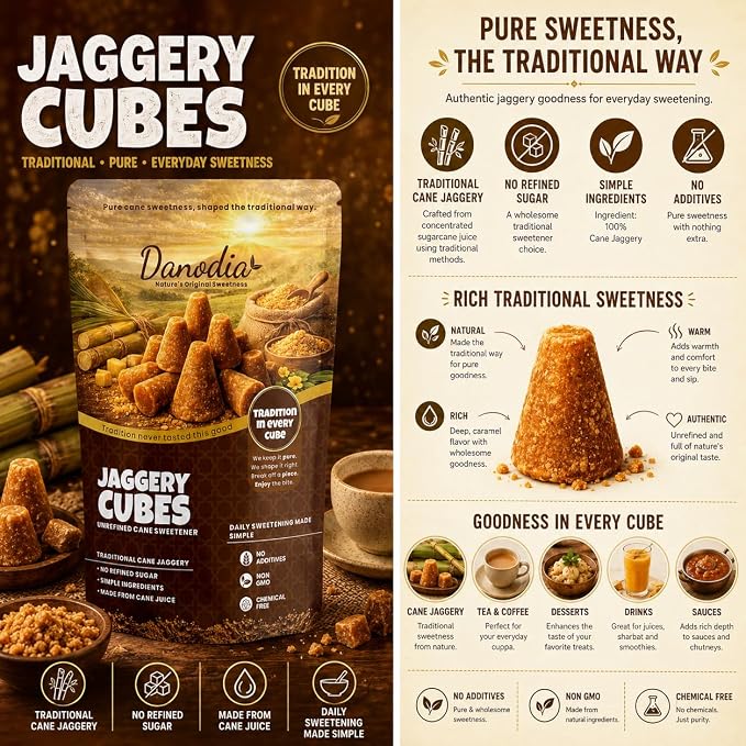 Danodia Foods Organic Jaggery Cubes, Cane Gur Sweetener, 1 lb Pack | Traditional sugarcane gur cubes for tea, coffee, cooking, baking, desserts and Indian pantry recipes; no preservatives used
