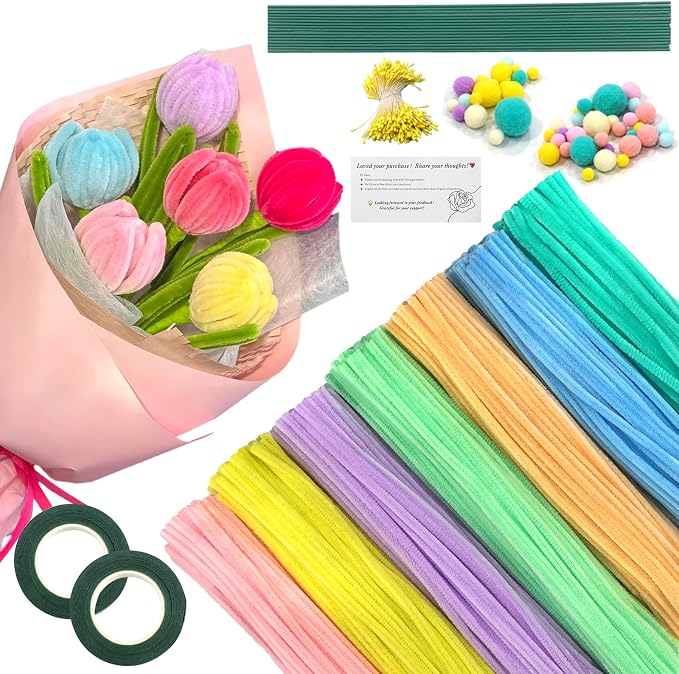 620Pcs Macaron Pipe Cleaner Flower Kit, 6 Colors Bulk Chenille Stems with Wires, Pom Poms, Stamens and Card, All-in-One DIY Flower Craft Supplies for Creative Gifts Home Decor, Party & School Crafts