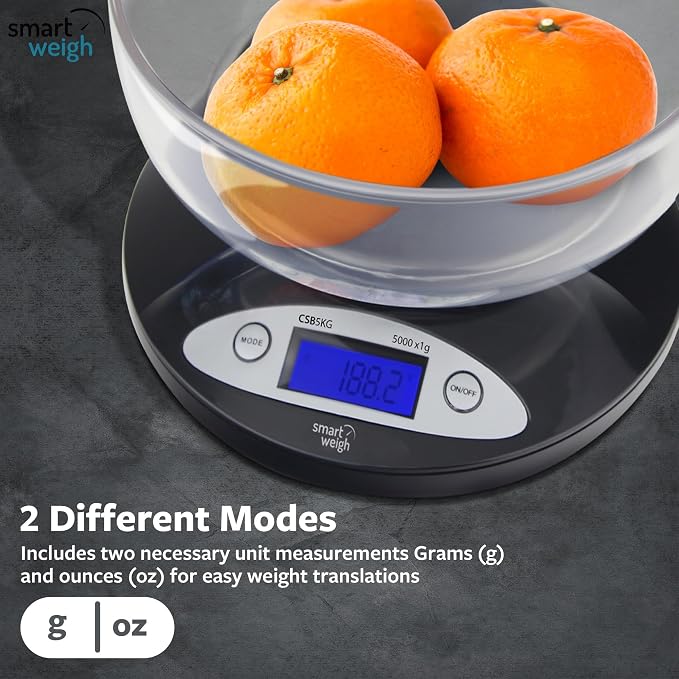 Smart Weigh Digital Kitchen Scale with Removable Bowl – 11lb/5kg Capacity, 0.1oz/1g Precision – High Accuracy Food Scale for Baking, Cooking & Meal Prep (Black)