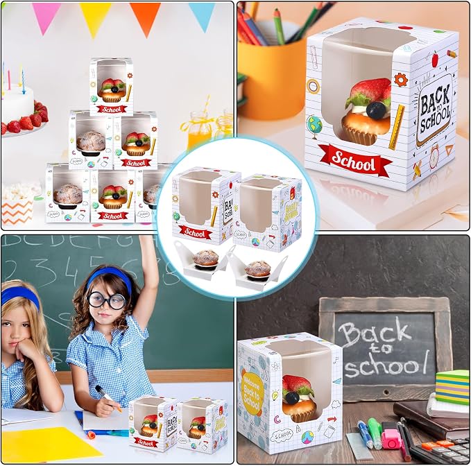 48 PCS Back to School Party Cupcake Boxes Individual with Window Inserts First Day of School Single Cupcake Containers Welcome Back to School Cake Treat Boxes for School Classroom Party Favor Supplies
