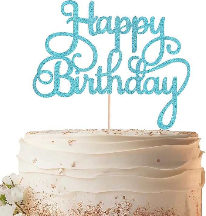 Happy Birthday Cake Topper - Sky Blue Glitter Birthday Party Cake Decoration Supplies, Photo Booth Props