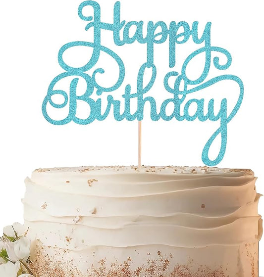Happy Birthday Cake Topper - Sky Blue Glitter Birthday Party Cake Decoration Supplies, Photo Booth Props