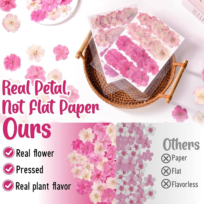 40 Pcs 2 Kinds Natural Pressed Dried Edible Flowers for Cake Topper Decoration - Pink Mix Sakura, Cherry Blossoms for Cupcake Toppers, Cocktails, Resin Jewelry, DIY Crafts