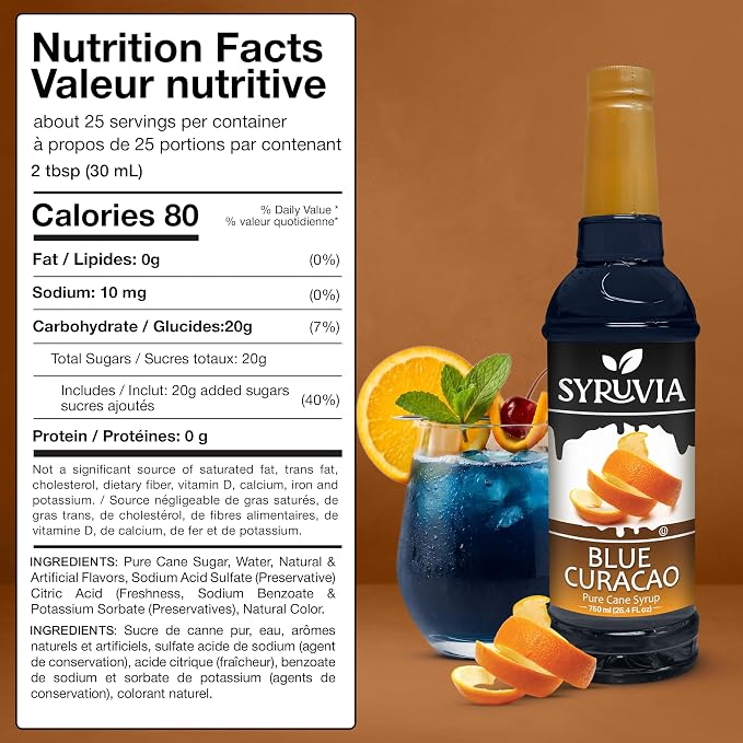 Syruvia Blue Curacao Syrup, Flavored Syrup for Cocktails, Drinks, Lemonades, Iced Teas, and Desserts – 25.4 fl oz - with Pump