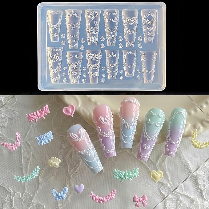 Heart & Lace Nail Art Silicone Mold, 3D Love Chain Nail Charms Mold, Romantic Heart Lace Nail Decoration Mold, Flexible Reusable Silicone Mold for Acrylic Gel Resin Nail Art