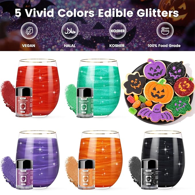 5 Colors Edible Glitter Set, Food Grade Edible Glitter for Drinks, Flavorless Luster Dust Shimmer Powder for Baking, Cakes, Cocktails, Beverages, Strawberries, Cookies, Candies, Fondant (5g/Bottle)