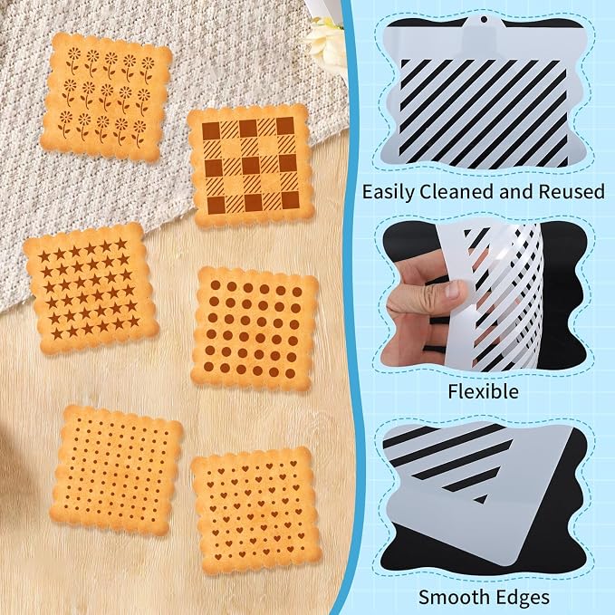 25 PCS Cookie Stencils Set, Reusable Baking Stencils with Checkered Heart Polka Dot Honeycomb Line Brick Star Patterns for Royal Icing Cake Decorating DIY Airbrush Templates for Cookies Coffee
