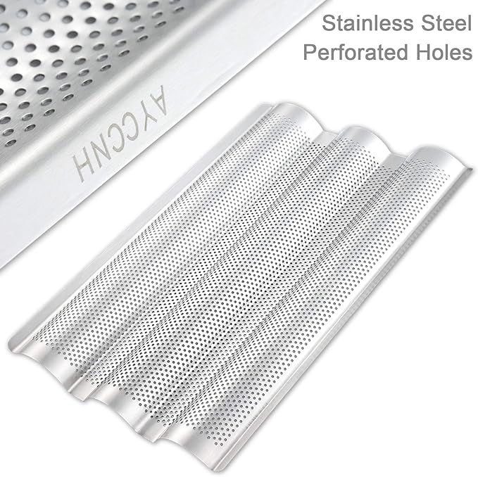 AYCCNH 2 Pack Stainless Steel French Baguette Bread Pan, Perforated Loaf Pans for Baking 15"x10", 3 Waves Toaster Oven Baking Tray
